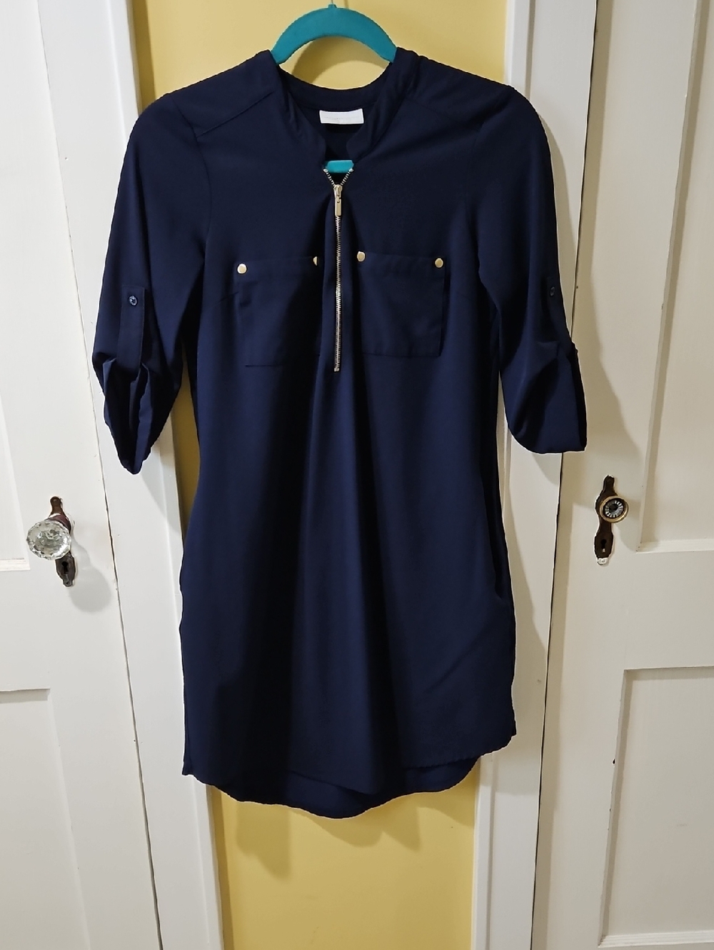 New York & Company Navy Zip-Front Shirt Dress